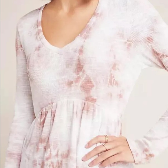 Anthropologie T. LA Jill babydoll peplum ribbed top pink white tie dye XS - Picture 2 of 6